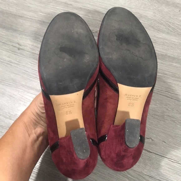 Marvin K. Burgundy Suede Wingtip Detailing Pumps w/ Black Patent Leather Trim - Picture 10 of 10